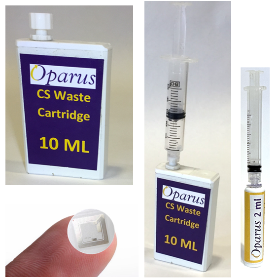 10m and 2ml waste cartridges, syringes and NFC label